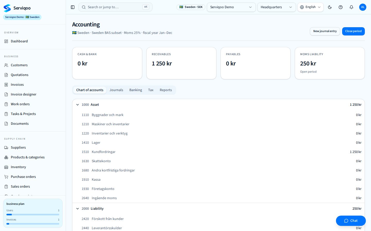 Serviqoo Accounting screen