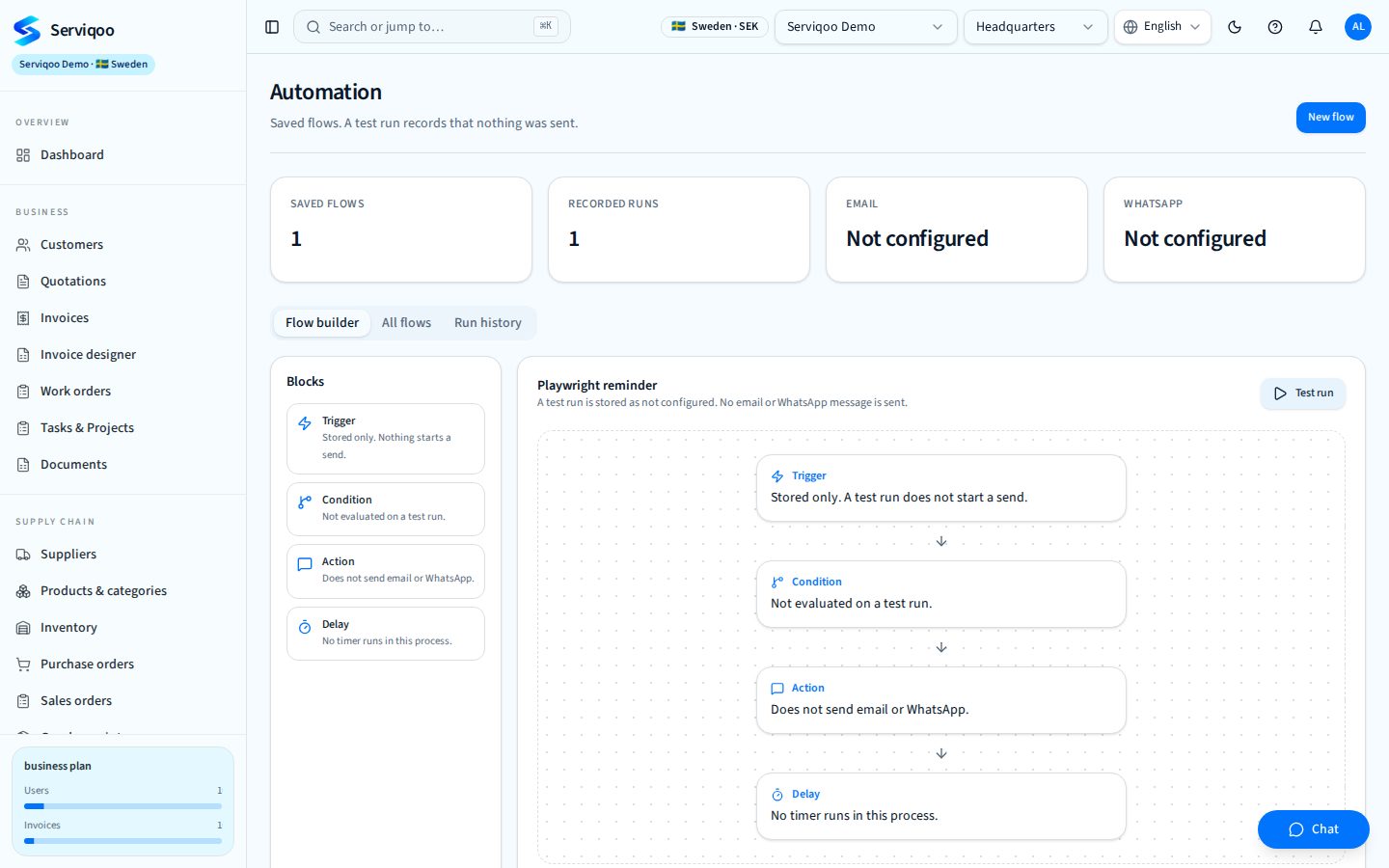 Serviqoo Automation flows screen
