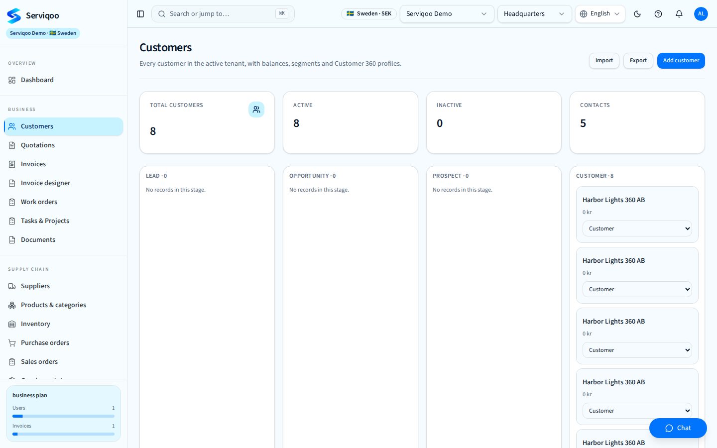 Serviqoo CRM & customers screen