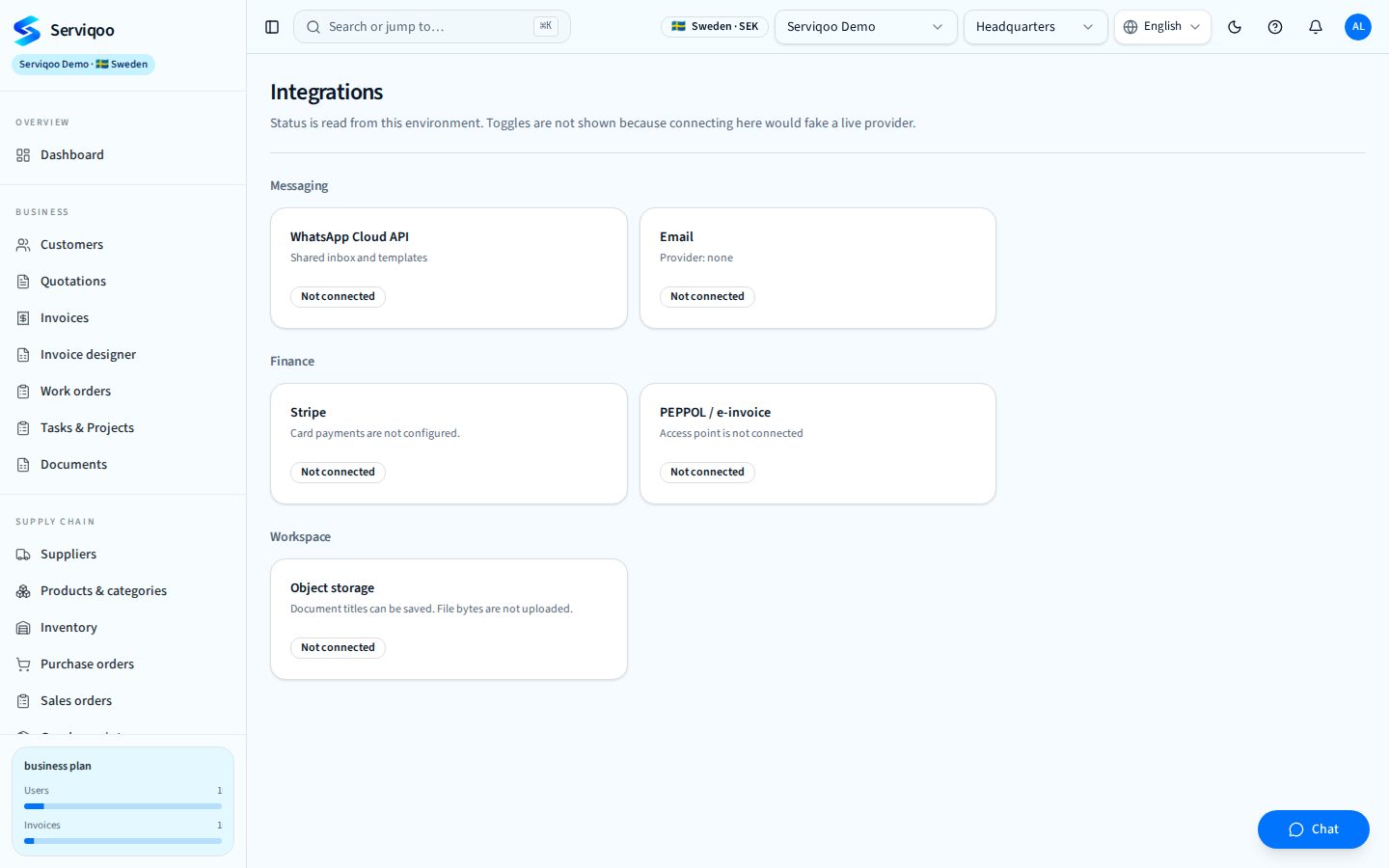 Serviqoo integrations screen