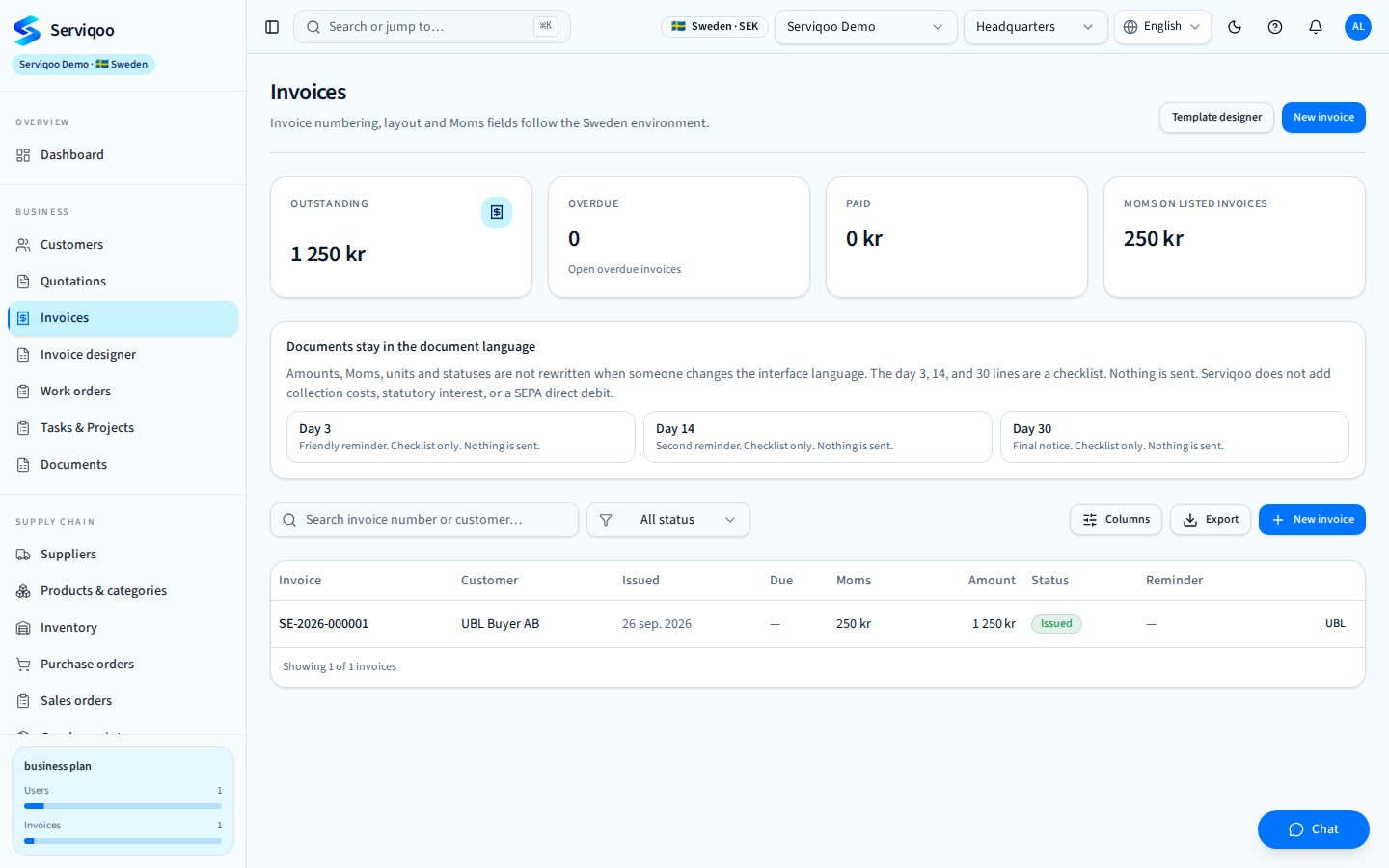 Serviqoo Invoicing screen