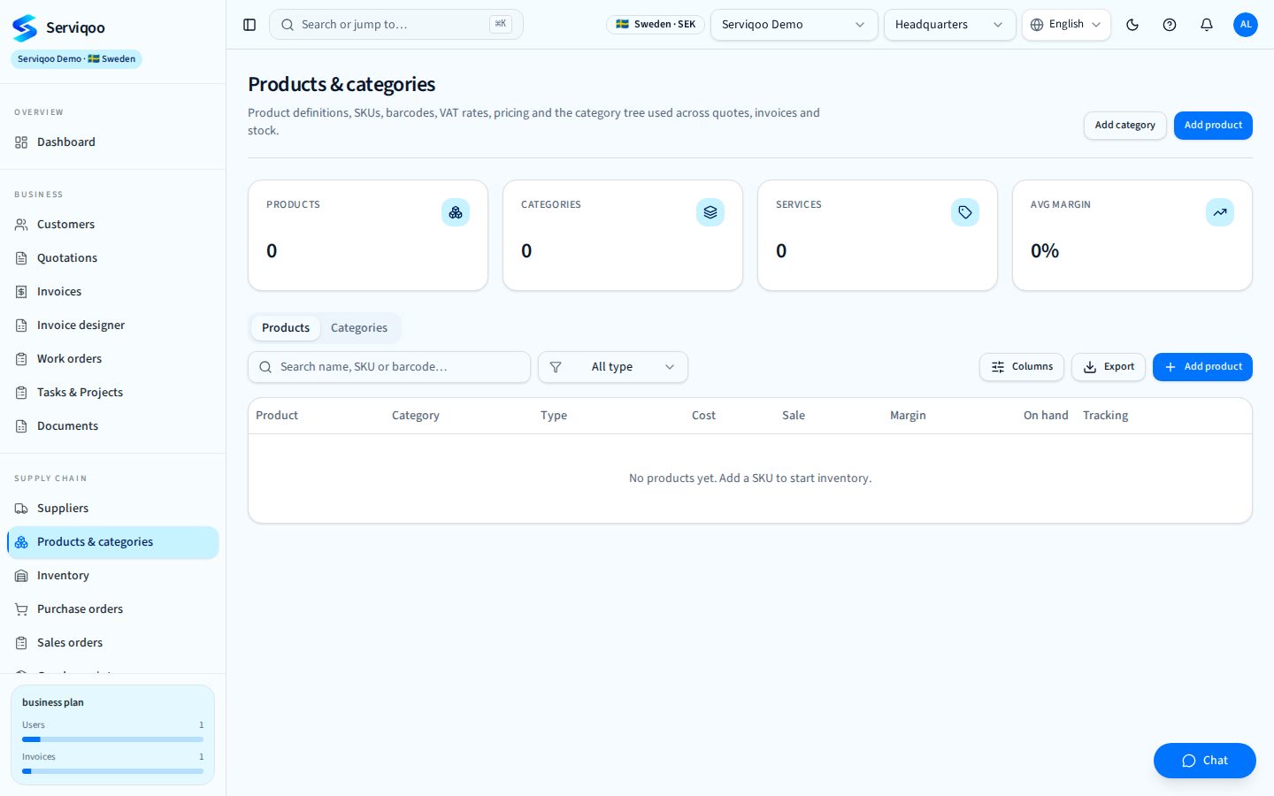 Serviqoo Products & categories screen