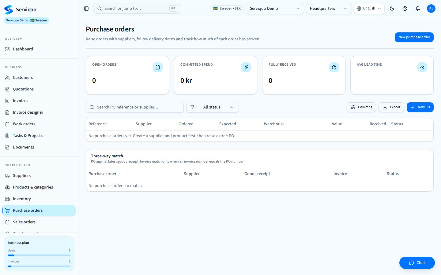 Serviqoo Purchase orders screen