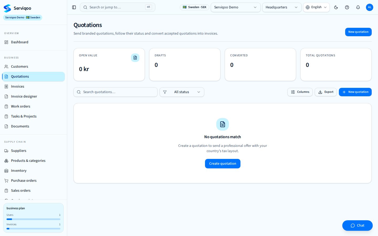 Serviqoo Quotations screen