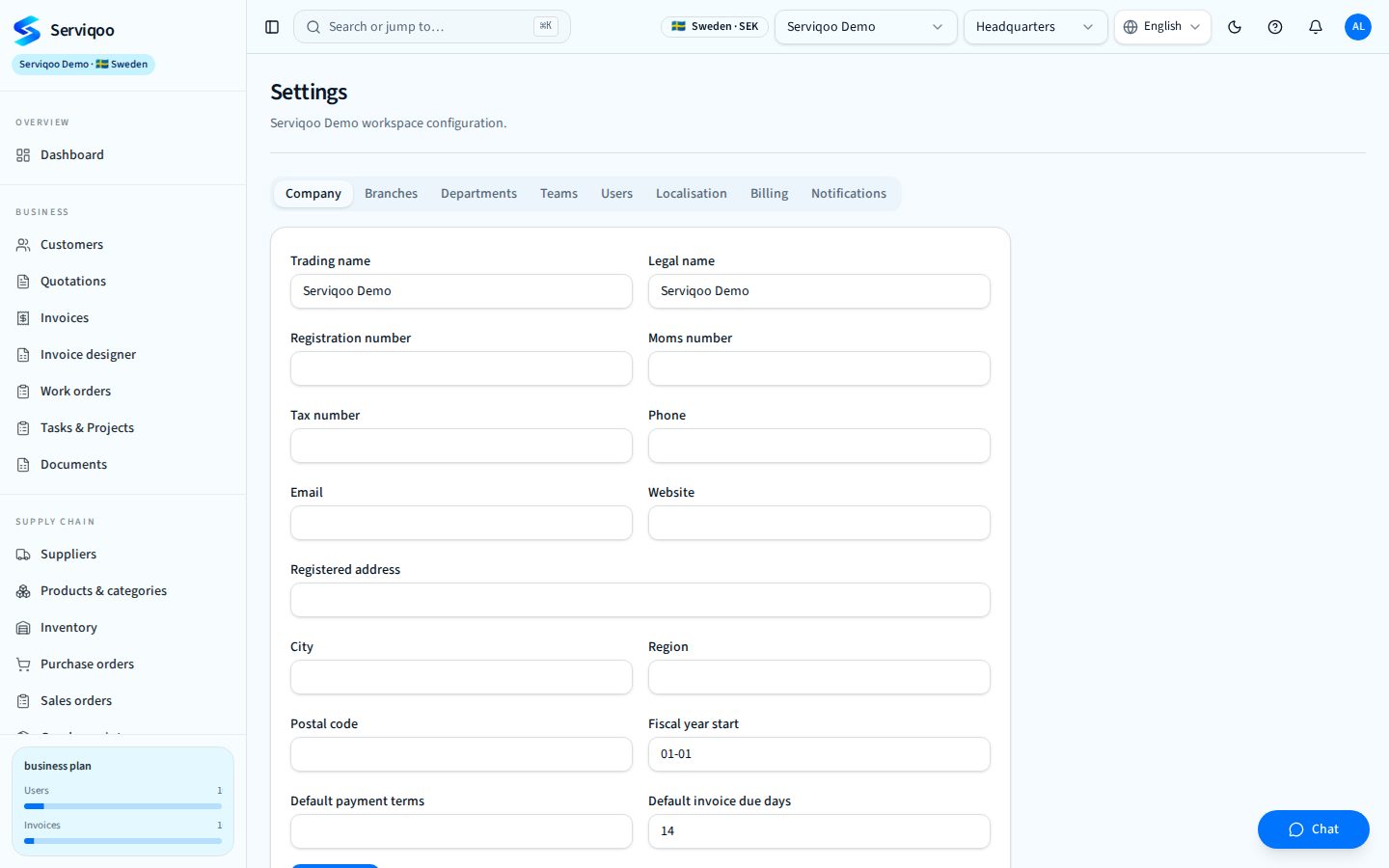 Serviqoo Workspace settings screen