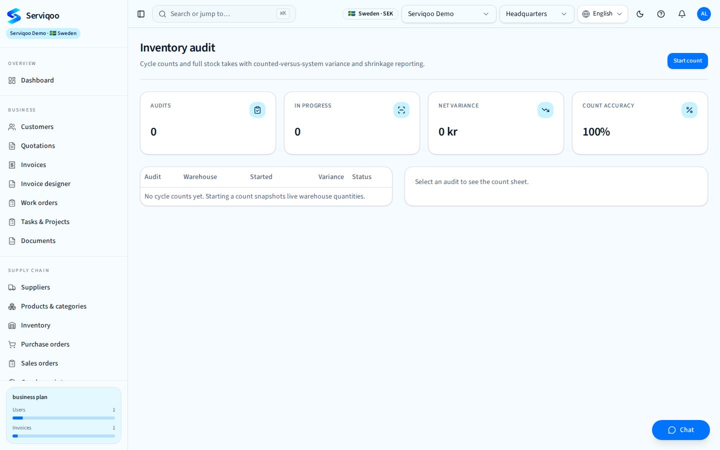 Serviqoo Inventory audit screen