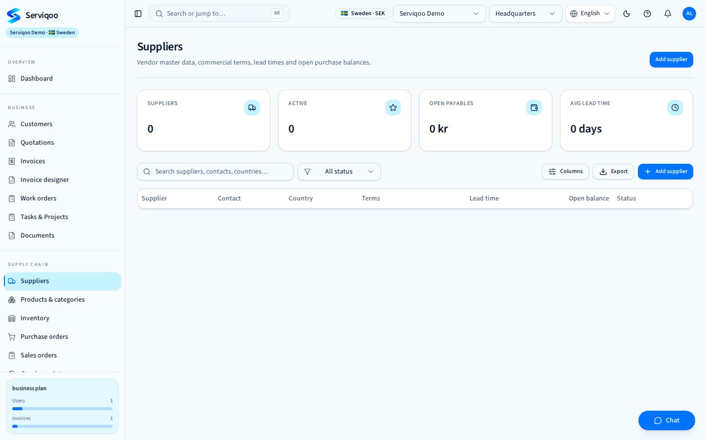 Serviqoo Suppliers screen