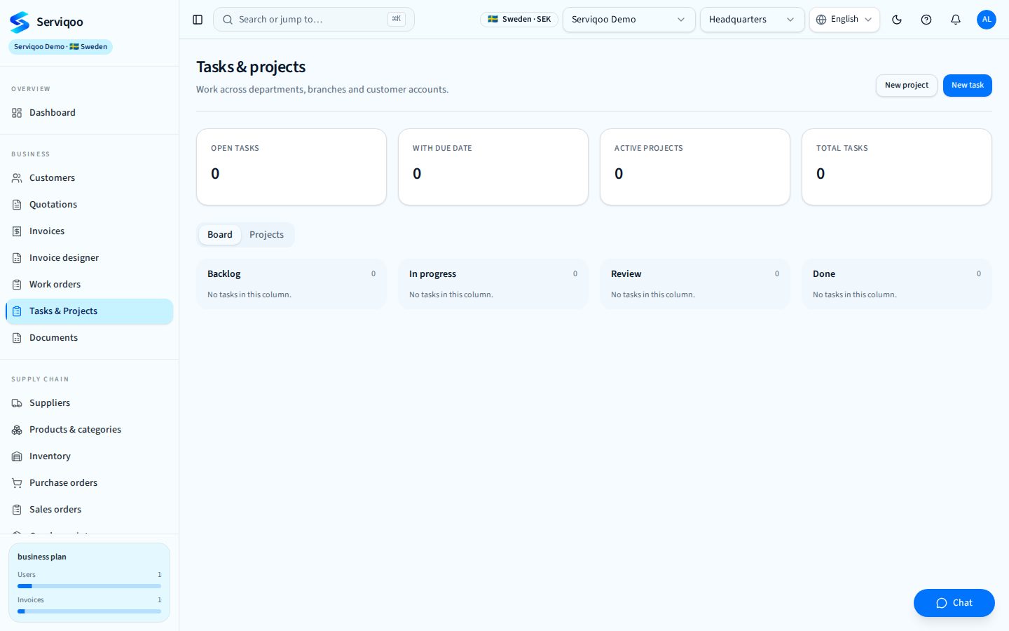 Serviqoo Tasks & projects screen